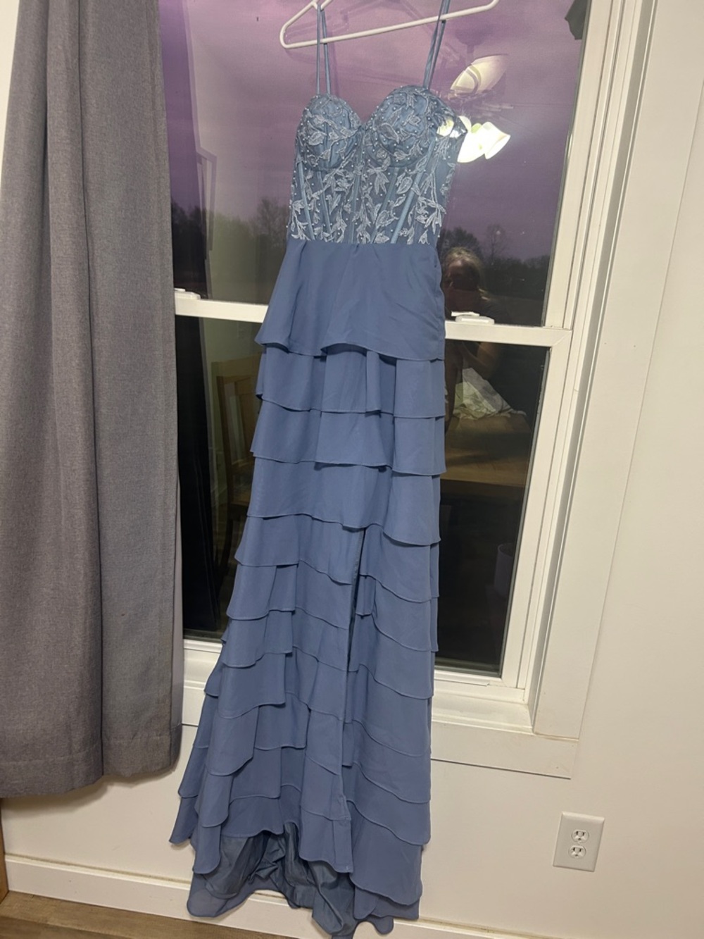 Sleeveless Blue Lace Bodice Tiered Chiffon Evening Dress